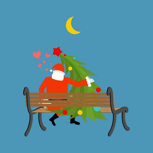 Санта Клаус і новорічна ялинка, дивлячись на місяць. Дата Різдва. — стоковий вектор