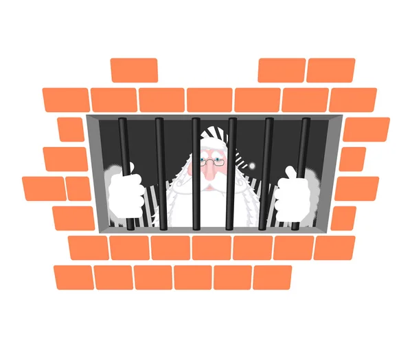 Santa Claus gevangenis in gestreepte mantel. Venster in de gevangenis met bars. — Stockvector