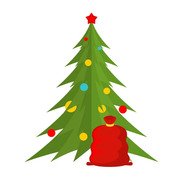 Árbol de Navidad y bolsa de Santa. Símbolos de Año Nuevo. Bolso rojo y piel — Vector de stock