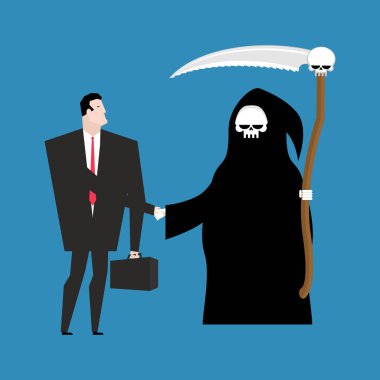 Ölüm ile sözleşme. Grim Reaper ve el sallayarak işadamı. 