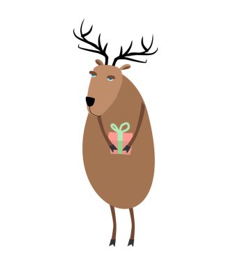Geyik Noel. Hediye ile bir Ren geyiği. Noel ve yeni yıl karakter