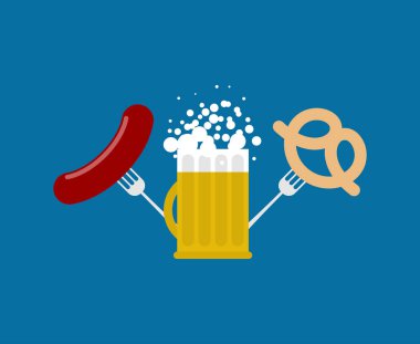 Kupa bira ve sosis ve çubuk kraker. Oktoberfest için logo. Tatil 