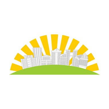 Şehir logosu. Yeni ev amblemi. Bina ve güneş. Yazılımlar için işaret