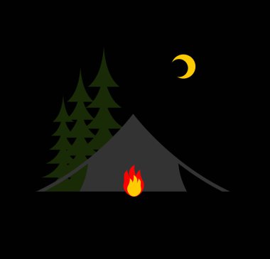Kamp gece izole. Güneş, orman ve çadır. Ay ve şenlik ateşi