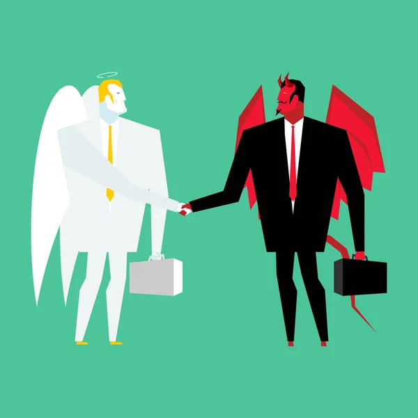 Trato de negocios del diablo y el ángel. Satanás y Dios le dan la mano. Arreglo — Vector de stock