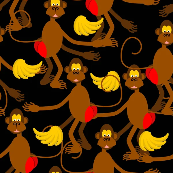 Hamadryad bezešvé vzor. opičí červený zadek a banán poza — Stockový vektor