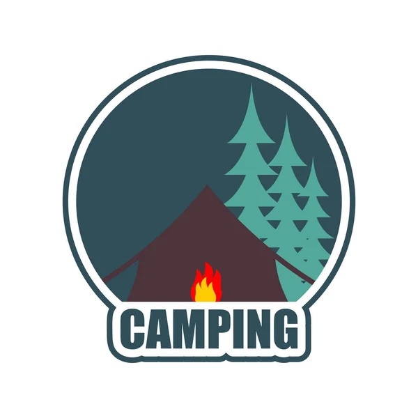 캠핑 로고입니다. 텐트의 캠프 상징 숲과 텐트 모닥불 — 스톡 벡터