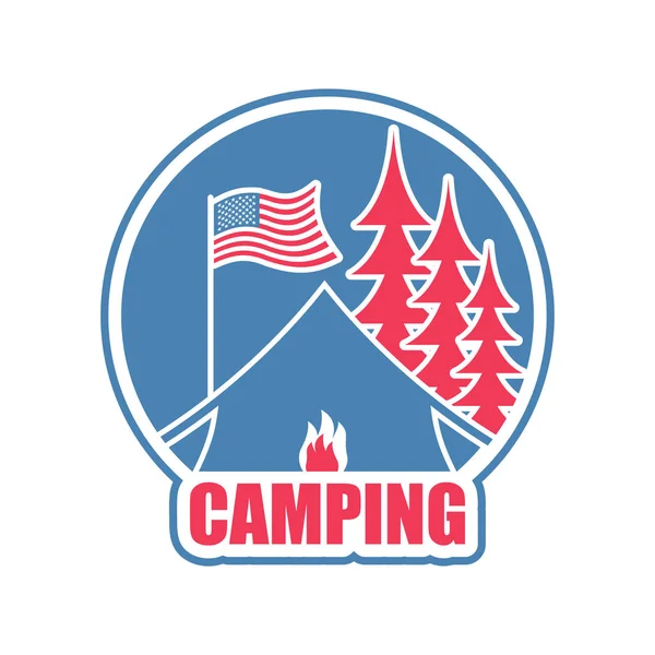 Campingplatz-Logo. Zeltlager-Emblem. Wald und Zelt. Lagerfeuer — Stockvektor