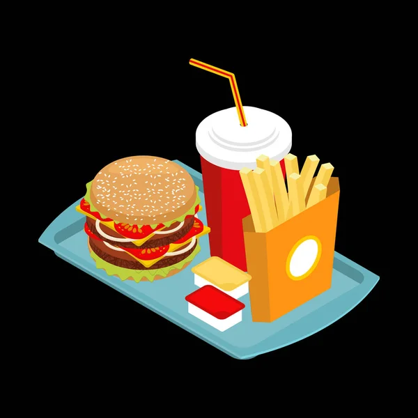 Fast food on tray. Hamburger and drink. French fries. Ketchup an — Stock Vector