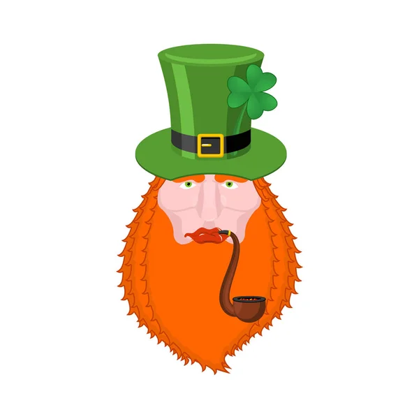 Lutin de la Saint-Patrick avec barbe rouge et pipe. Chapeau vert . — Image vectorielle