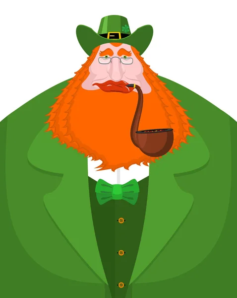 St. Patrick's Day Leprechaun with red beard and pipe. Green hat. — Stock Vector