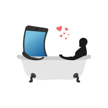 Becerikli alet aşık. Adam ve smartphone, banyo. Banyoda yıka. 