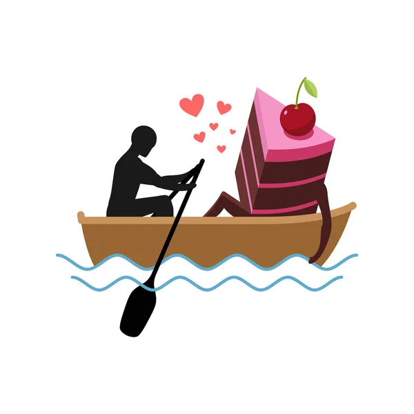 Amante de los pasteles. Hombre y pedazo de pastel Cabalgar en barco. Amantes. Glut. — Vector de stock