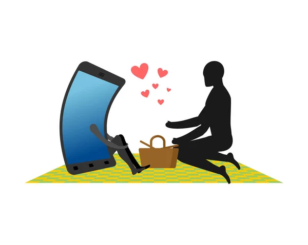 Liebhaber von Gadgets. Mann und Smartphone beim Picknick. Korb und Picknicks — Stockvektor