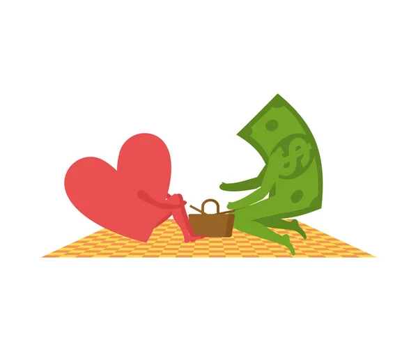 Aşk ve para piknik üzerinde. Aşk satıyor. Dolar ve kalp. Sepet — Stok Vektör