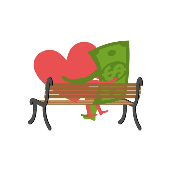 Aşk ve para bankta oturan. Aşk satıyor. Dolar ve kalp — Stok Vektör