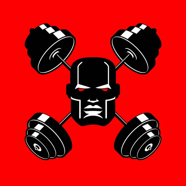 Barbell Crossed embleem voor sportschool. hoofd van bodybuilder teken. Sport — Stockvector