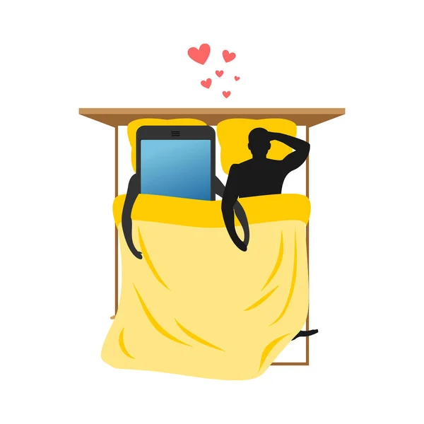 Liebhaber von Gadgets. Mann und Smartphone im Bett. Decken und Kissen — Stockvektor