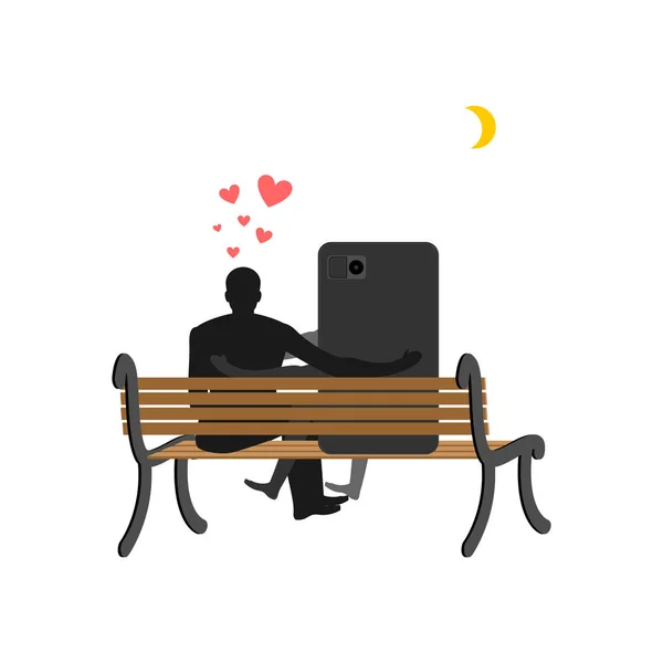 Liebhaber von Gadgets. Mann und Smartphone sitzen auf Bank. immer zu — Stockvektor