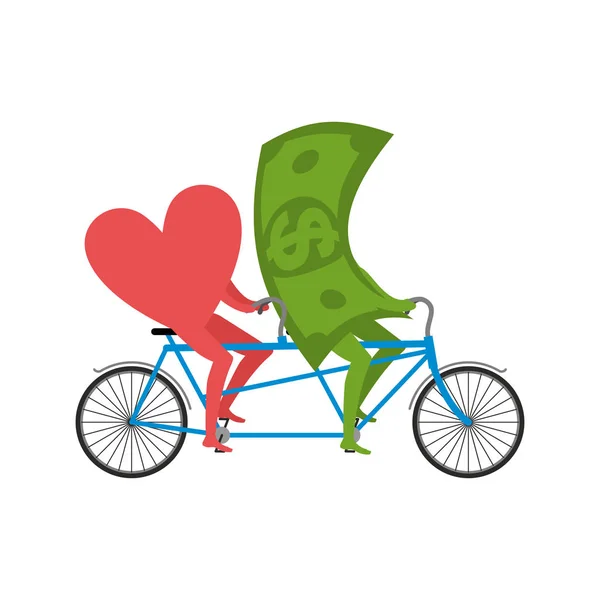 Amor y dinero en tándem. Vender amor. Dólar y ciclismo del corazón — Vector de stock