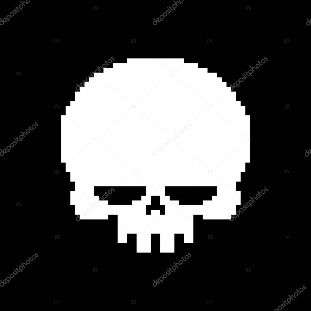 Skull pixel art. Head of skeleton pixelated isolated on white ba