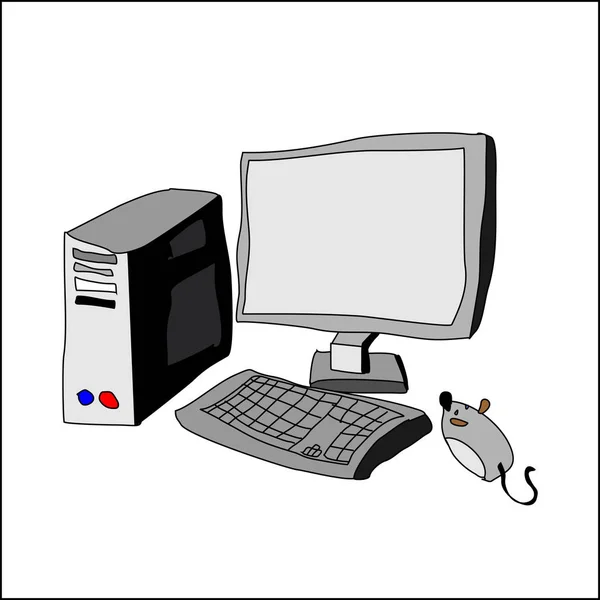 Computerhandzeichnung. Systemeinheit und Tastatur. Monitor und Mou — Stockvektor