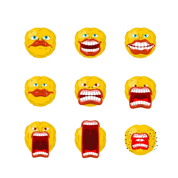 Emoticon activado. Boca aberta e dentes. Emoji louco. Gritos de emoção — Vetor de Stock