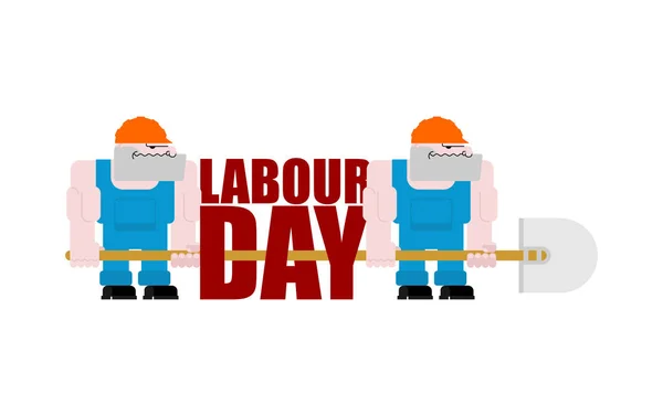 Logo del Día del Trabajo. Trabajadores y palas. Firma por vacaciones. Herramienta manual — Archivo Imágenes Vectoriales