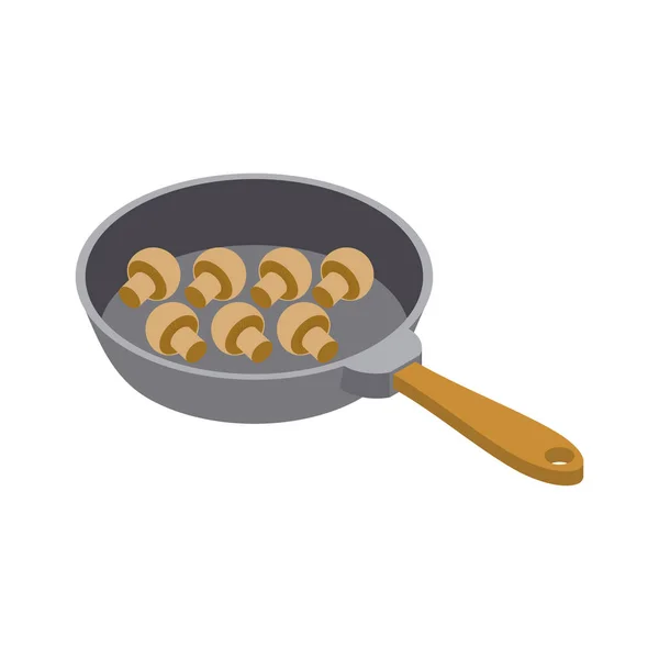 Paddestoelen Champignons in de koekenpan. Voedsel en keukengerei — Stockvector