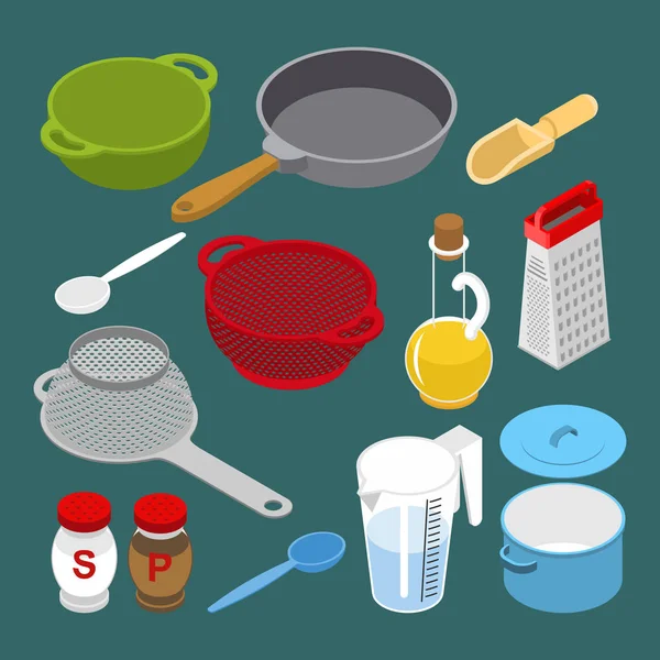 Ingredientele și ustensilele stabilesc izometria. Grater şi Colander. Pan — Vector de stoc