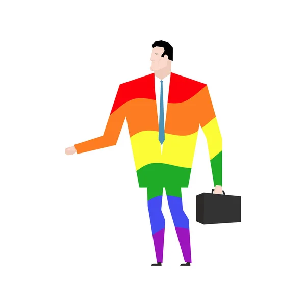 Geschäftsmann ist schwul. Regenbogenkleidung. lgbt-Manager mit Koffer — Stockvektor