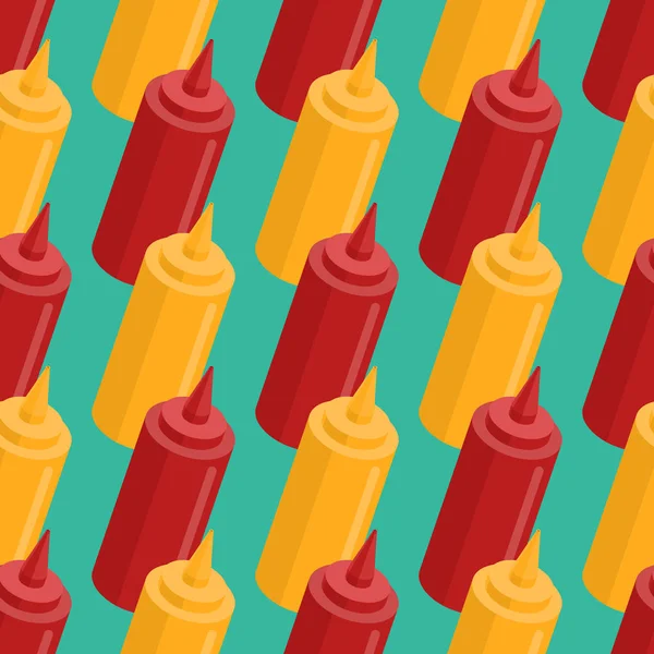 Mustard and ketchup bottle seamless pattern. Fast food seasoning — Stock Vector