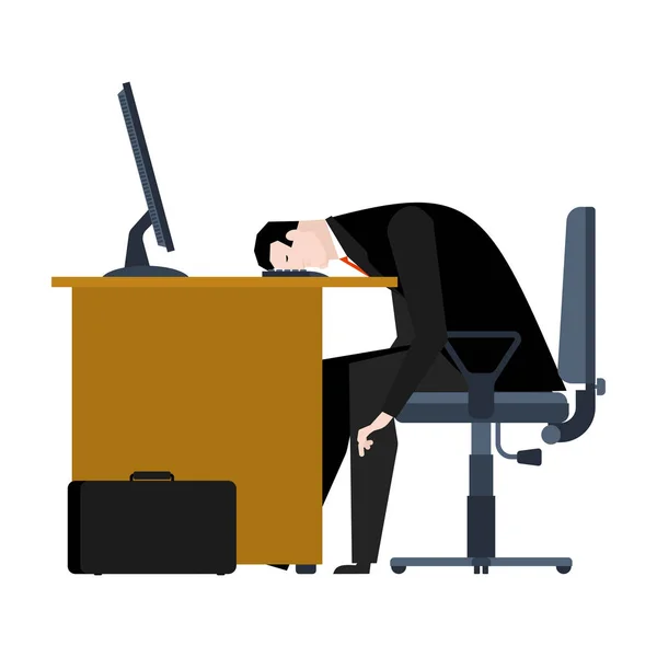 Podnikatel je unavený z práce. hlava je na stole. manažer je unavený. O — Stockový vektor