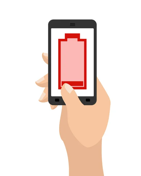 Tomt batteri liv av smartphone. Röd ackumulator. Handfattning pho — Stock vektor