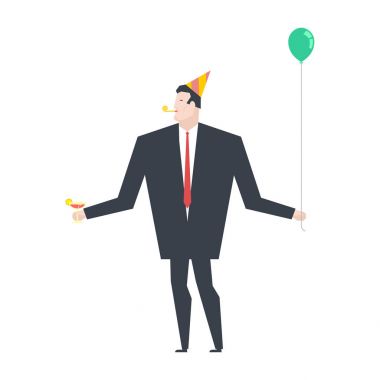 Partide iş adamı. Kutlama kap ve parti boynuz. Ballon ve