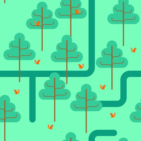 Forêt motif sans couture. Ornement de parc. Arbres et écureuils bac — Image vectorielle