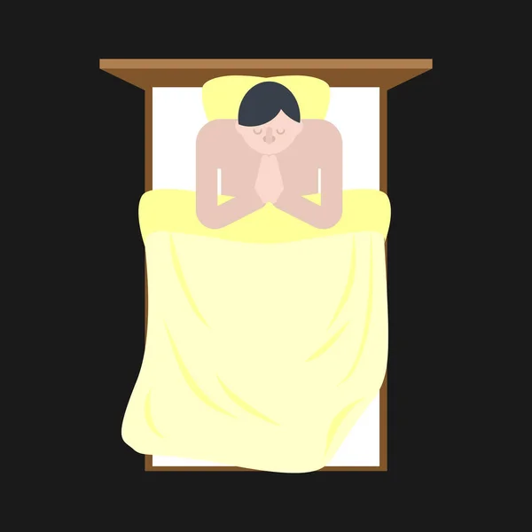 Imádkozzatok, lefekvés előtt. Ember imádkozik az ágyban — Stock Vector