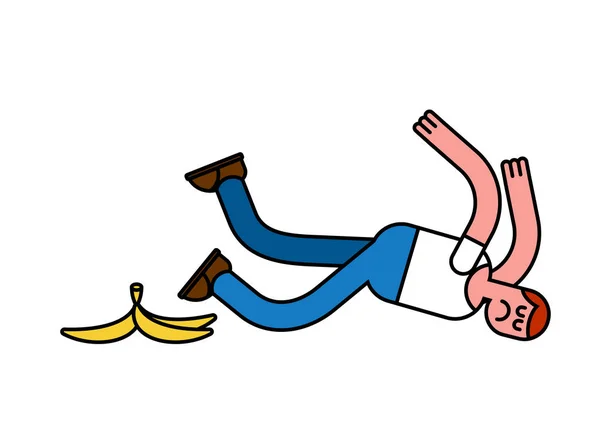 Fallen auf Banane. Slip auf Bananenschale. Kerl floppte. Mann stürzte — Stockvektor