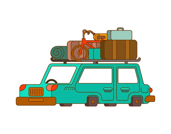 Estilo de contorno de coche para fin de semana. Familia ir a acampar estilo línea . — Vector de stock