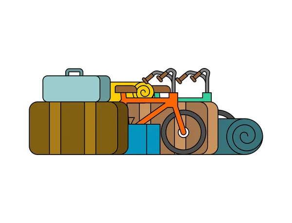 Вещи на выходные. Велосипеды и чемоданы. Аксессуары — стоковый вектор