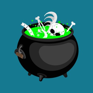 Sihirli iksir ve kemik ve kafatası ile pota. Cadı aksesuar. Ha