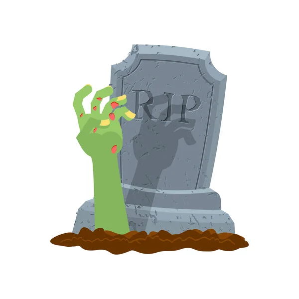 Halloween. Grave and hand of zombie. Gravestone and arm dead man — Stock Vector