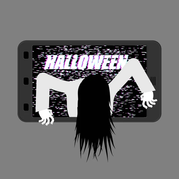 Halloween Bruja zombie desde el teléfono inteligente. Zombie chica sale de — Vector de stock