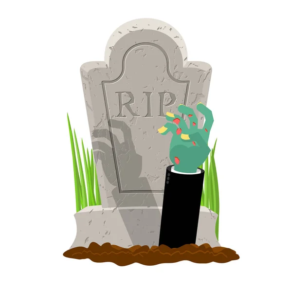 Halloween. Grave and hand of zombie. Gravestone and arm dead man — Stock Vector