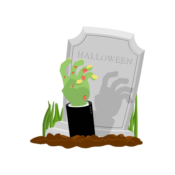 Halloween. Grave and hand of zombie. Gravestone and arm dead man — Stock Vector