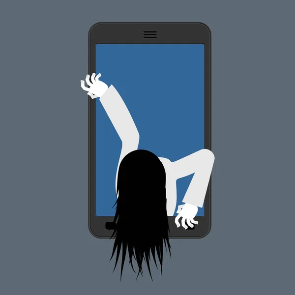 Czarownica zombie z smartphone. Zombie dziewczyna wychodzi telefon gad — Wektor stockowy