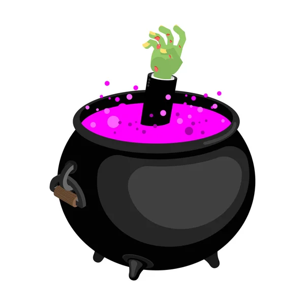 Pot met magische potion en hand zombie. Heks accessoire. Hallow — Stockvector