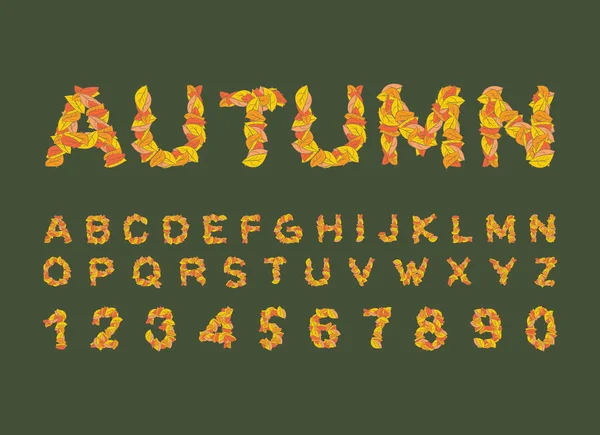Herbstschrift. gelbe Blätter des Alphabets. Herbstliches Abc. Buchstaben — Stockvektor