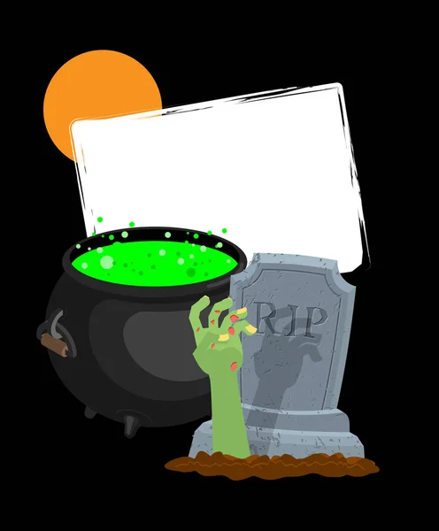 Halloween template. Pot with magical potion and hand of zombie. — Stock Vector