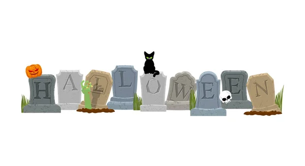 Halloween. Grave and hand of zombie. Black cat and skull. Sinist — Stock Vector